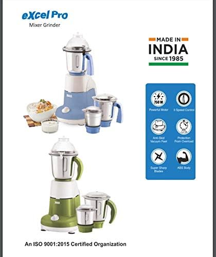 BOSS Excel Pro 3-Jar Mixer Grinder Kitchen Grinding Genius 750 Watt Powerful Motor 3 Variable Speed with Incher 110VBlue
