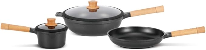 Cooking Pot 3-Pc Non-Stick Pan Set Wok Frying Pan Milk Pot Cooking Utensils Set with Beech Handle Strong and Sturdy