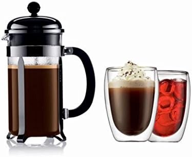 Bodum Caffettiera French Press Coffee Maker 8 Cup 1 Liter 34oz with 2 Glass Mugs 0.35 Liter 12oz