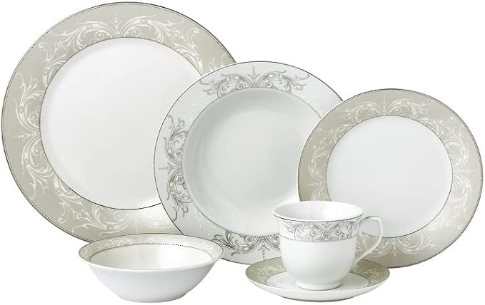 Stylish and Elegant 24 Pieces Porcelain Dinnerware Set Service for 4 People - Olympia-Mix and Match Silver Border