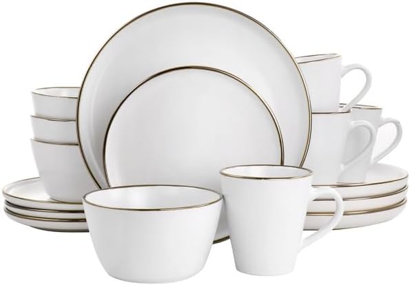 Arthur Stoneware Dinnerware Set with Gold Rim - Matte White - 16 Piece