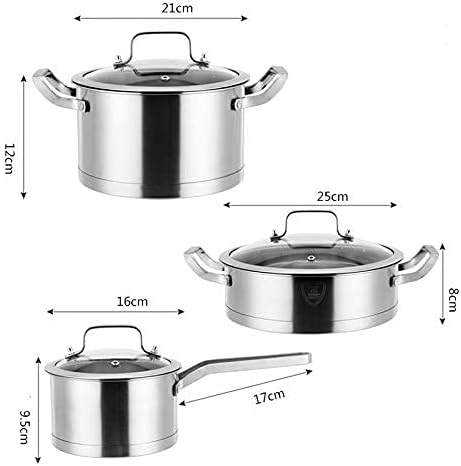 Cookware Set Kitchen Stainless Steel Soup Pot Saucepan Induction Safe Thickened Frying Pan Saucepan with Glass Lid 3 PCS/Set