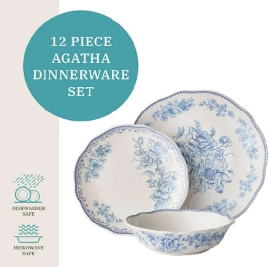 Vintage Inspired Agatha 12-Piece Stoneware Dinnerware Set (Agatha Blue)