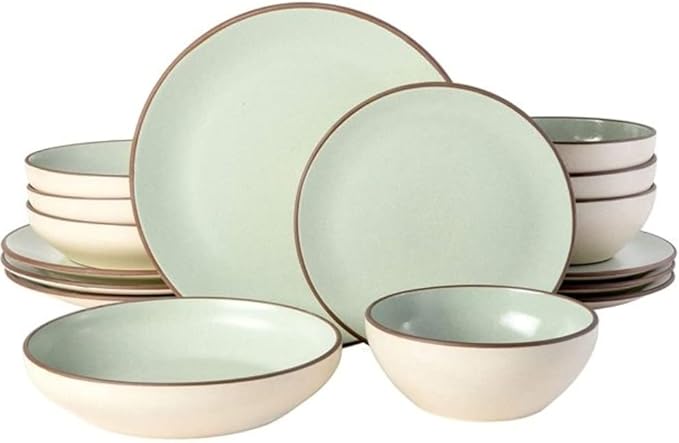 Sleek &amp Artistic 16 Piece Elegant 2 Toned Rustic Dinnerware Set for 4 | Matte Glaze Finish With Striking Detail Mint Green/Beige Color Smooth Textured |Microwave &amp Dishwasher Safe Luxury Appea