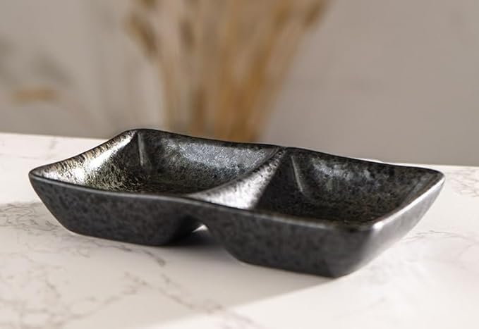 Ebros Gift Artistic Charcoal Grey Tone Hakumu Collection Dinnerware Serveware Kitchenware Set Asian Japanese Restaurant Supply (Pack Of 6 Dual Compartment Rectangle Sauce Dishes)