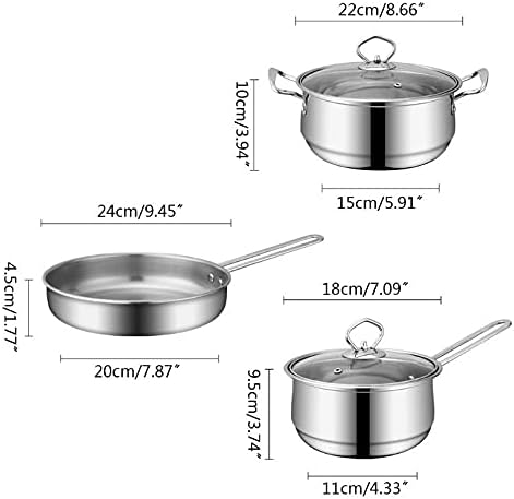 3pcs Stainless Steel Cookware Set Flat Bottom Frying Pan Soup Pot Milk Pot Kit