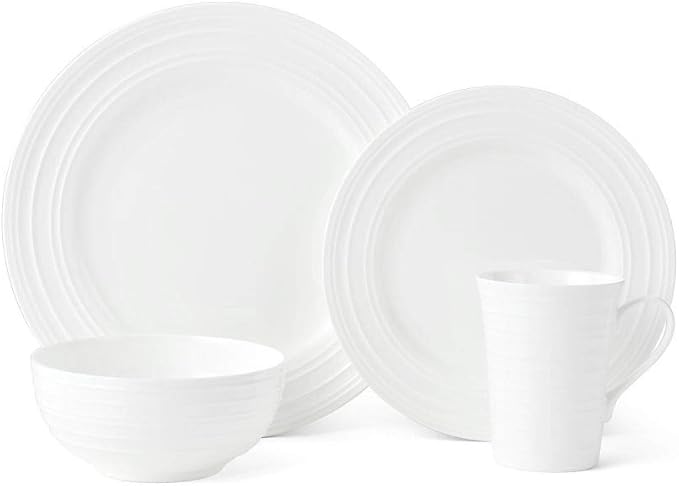 Mikasa Ciara 16 Piece Bone China Dinnerware Set Service for 4 Lightweight and Durable Plates Bowls and Mugs Elegant White Dinnerware for Everyday Use