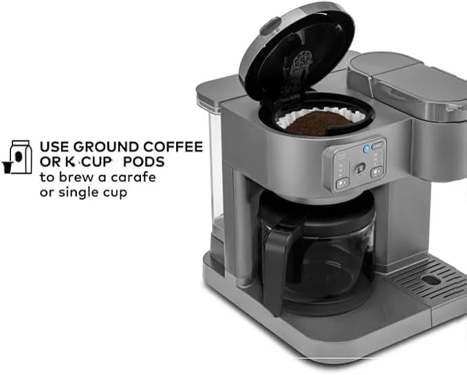 KeuriigK K Duo Essentials Hot &amp Iced Single Serve K Cup Pod Coffee Maker &amp Carafe Multiple Sizes (8 10 or 12 oz) 12 cup glass carafe (Grey)