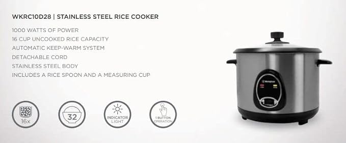 Westinghouse 220 Volts Rice Cooker 16 Cup Non Stick Cooking Pot Measuring Cup Keep Warm Function-Stainless Steel-1000W (NOT FOR USE IN USA)