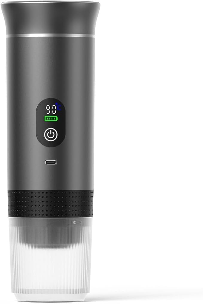 Portable Electric Coffee Maker Digital Display Compatible with Coffee PodsRechargeable Coffee Machine for Travel Camping RVHomeOffice (grey)