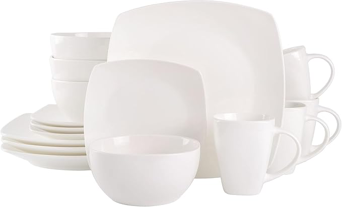 Modern Matte Glaze Square Dinnerware Set - 16 Piece Stoneware Service for 4 Dishwasher &amp Microwave Safe Teal Finish (White)