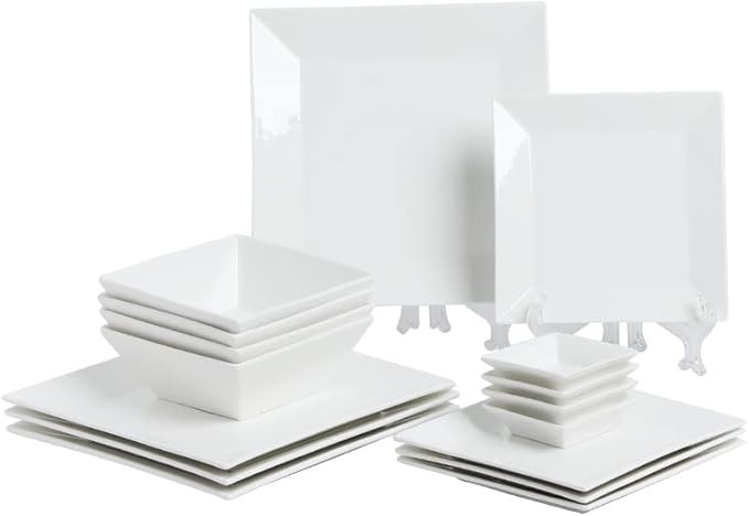 Porlien 16-Piece Classic Square Dinnerware Set for 4-Square Dinner Plates Dessert Plates Bowls &amp Dipping Saucers Off White Dishes for 4