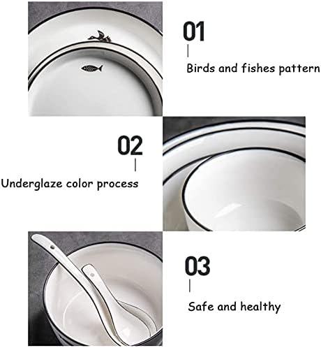 Dinnerware Sets - Luxury Dishes Service Set Ceramics Dinner Sets 26 Pieces Black Han Stroke Porcelain Dinner Plates - Bowl/Dish/Spoon | Microwave Safe