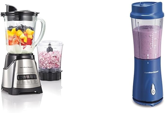 Hamilton Beach Power Elite Blender for Shakes and Smoothies with 3-Cup Vegetable Chopper Mini Food &amp Portable Blender for Shakes and Smoothies with 14 Oz BPA Free Travel Cup and Lid