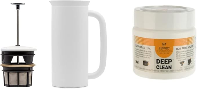 ESPRO - P7 French Press - Double Walled Stainless Steel Insulated Coffee and Tea Maker with Micro-Filter - Keep Drinks Hotter for Longer (Matte White 18 Oz) Cleaning Powder