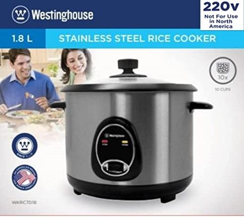 Westinghouse 220 Volt Rice Cooker 10 Cup Non Stick Cooking Pot Measuring Cup Keep Warm Function-Stainless Steel-700W (NOT FOR USE IN USA)
