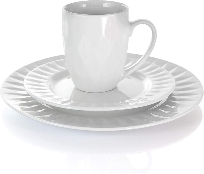 18 Piece White Porcelain Dinnerware Set with Cups and Serving Bowls – Diamond Pattern Plates and Bowls Service for 4 Microwave &amp Dishwasher Safe