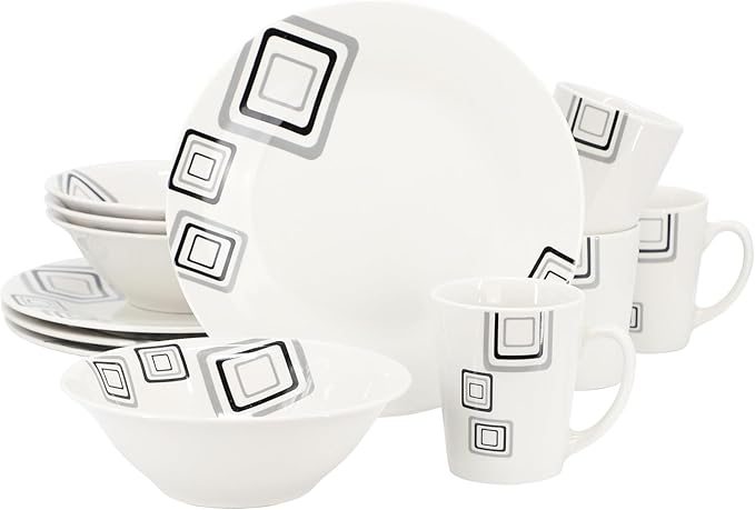 12-Piece Ceramic Dinnerware Set for 4 – White Round Plates Bowls &amp Mugs with Green Loops – Microwave &amp Dishwasher Safe Tableware Set (WHite &amp Black)