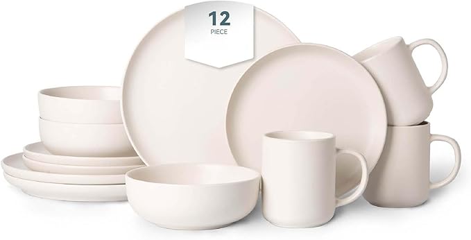 Plates and Bowls Sets 12 Pieces Stoneware Dinnerware Sets with Mugs Stackable Matte Glaze Kitchen Stoneware Plates and Bowls Set for 3 Microwave and Dishwasher Safe(White)