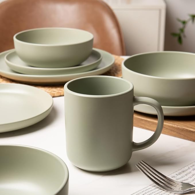 12-Piece Stoneware Dinnerware Set Green Matte Glaze Service for 3 Includes Dinner Plates Salad Plates Bowls Mugs Microwave and Dishwasher Safe