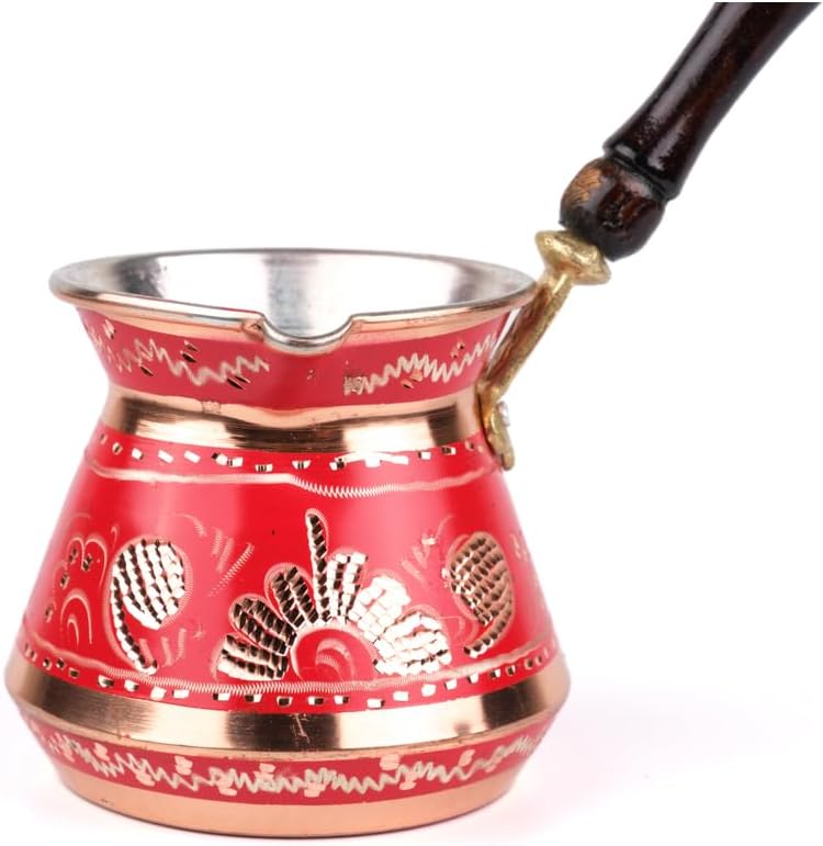 Copper Turkish Coffee Pot Cezve Erzincan Handcrafted Design for 8 People Traditional Coffee Maker Red Color One Piece - Red One Size