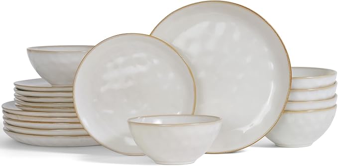 Famiware Ocean Round Plates and Bowls Set 18 Pieces Dinnerware Sets Dishes Set for 6 Reactive Glaze Microwave and Dishwasher Safe Scratch Resistant Cappuccino White