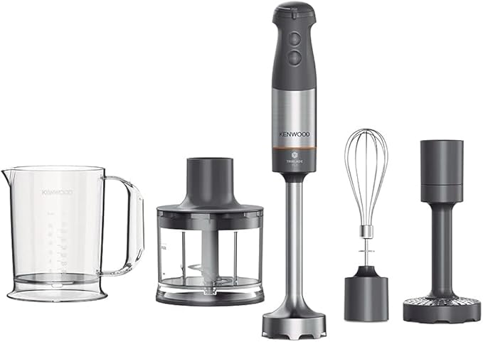 Kenwood Triblade XL HBM60.307GY Hand Mixer with Splash Guard Chopper 500 ml Metal Whisk and Puree Made of BPA-Free Plastic Dishwasher Safe 1000 W Grey