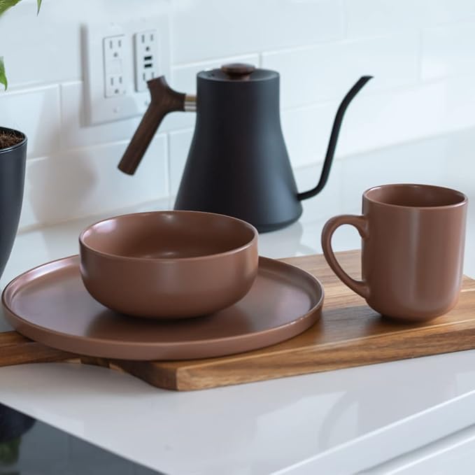 Everything Kitchens Modern Flat 12-Piece Dinnerware Set | Brown