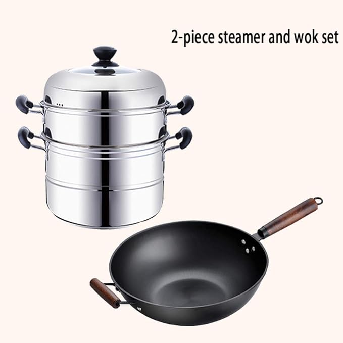 Cookware Set2-Piece Stainless Steel Pot &amp Pan SetsSteamer with Tempered Glass Comfortable Handle Suitable for Various Heat Sources Including Induction Cooker Omelette Kitchen
