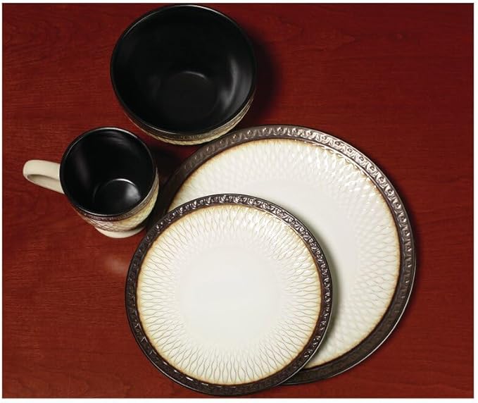 Gourmet Basics by Mikasa Sorrento 16-Piece Dinnerware Set - Service for 4 Dishwasher Safe Stoneware with Raised Grid Design - Casual &amp Stylish for Everyday Use or Formal Dining Ceramic Dish Set