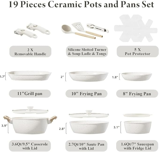 19 Pcs Pots and Pans Set Non Stick Ceramic Cookware Set with Removable Handles Induction Kitchen Cookware SetsCream WhiteOne Size