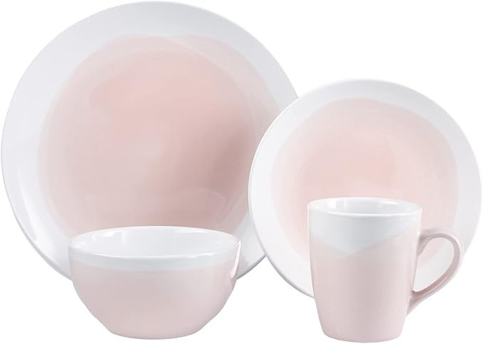 American Atelier Oasis Round Dinnerware Set – Stoneware Party Collection w/ 4 Dinner Plates 4 Salad Plates 4 Bowls &amp 4 Mugs – Unique Gift Idea for Special Occasion Pink/White 10.5x10.5 16-Pi