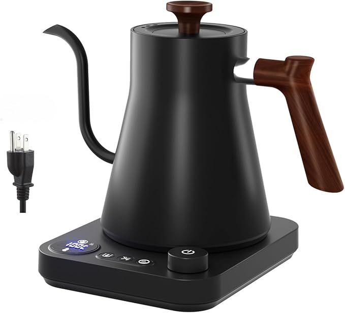 Gooseneck electric kettleAuto Boil Detection with Variable Temperature Control Stainless Steel Inner Ultra-Quiet 304 Stainless Steel1200W Quick Heating for Coffee Tea &amp Milk 0.9L(Black)