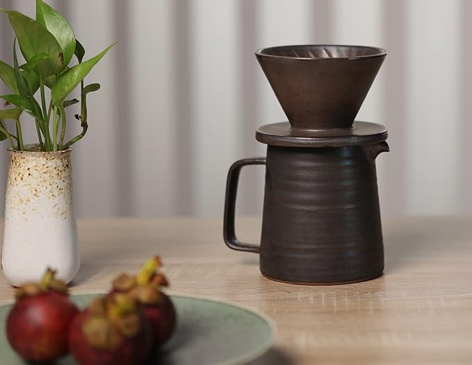 Stoneware Handmade Pour Over Coffee Maker Set Ceramic Coffee Brewer Hand Drip Cone Dripper &amp Coffee Pot Microwaveable Decanter Retro Metallic Glaze 16oz