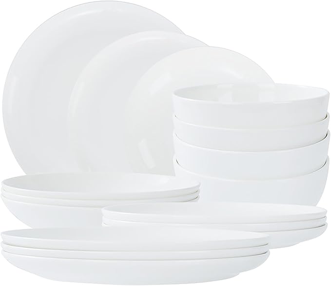 Lily Bone China Dinnerware Set 16 Pieces Service for 4 White Plates Dishes Bowls Set Microwave and Dishwasher Safe