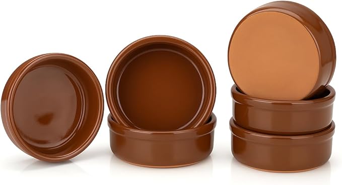 Areste Mexican Clay Cookware Set of 6 – Full Brown Terracotta Pots Bowls Plates &amp Serving Dishes – Spanish Earthenware for Baking Yogurt Kheer Meat Vegetables – Cazuelas Mexicana