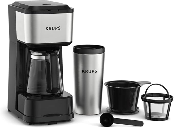 KRUPS Simply Brew Coffee Maker - Multi-Serve 4-in-1 with Stainless Steel Travel Tumbler Black 14oz
