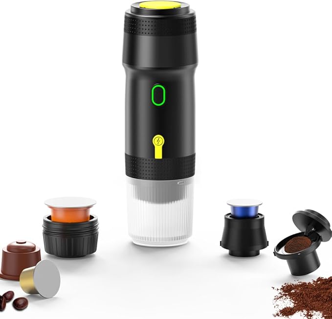 Portable Espresso Maker 20 Bar Pressure Small Coffee Machine Rechargeable Battery Operated Mini Coffee Maker for Pods or Grounds Includes Car Charger for Hot &amp Iced Coffee (White)