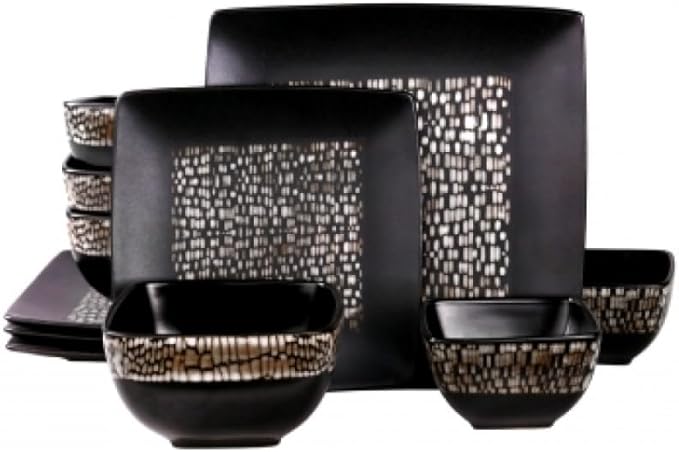 16-Piece Double Bowl Stoneware Dinnerware Set – High-Gloss &amp Matte Finish Modern Textured Plates &amp Bowls