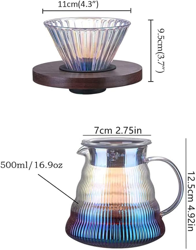 Pour Over Coffee Maker Set with Dripper500ml Glass Coffee Server SetV60 Glass Coffee Dripper with Wood Base for Home Office Gift
