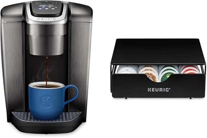 Keurig K-Elite Single-Serve K-Cup Pod Coffee Maker Brushed Slate 12 oz. Brew Size &amp Slim Non-Rolling Storage Drawer Coffee Pod Storage Holds up to 24 K-Cup Pods Black