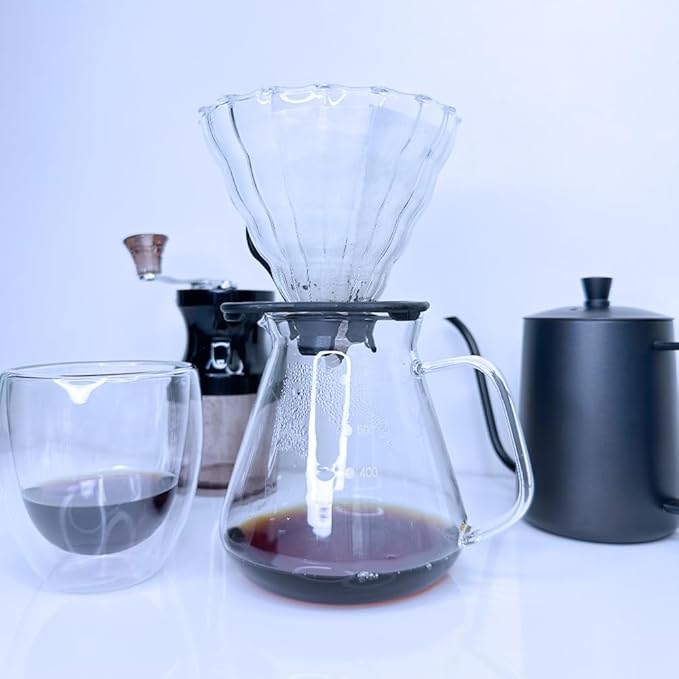 DS&ampDV Coffee Set Incl. Coffee Scale Glass DriperManual GrinterPour Over KettlePaper FiltersDouble Wall Mug for Camping and Travelling (8 in 1 Coffee Makers)