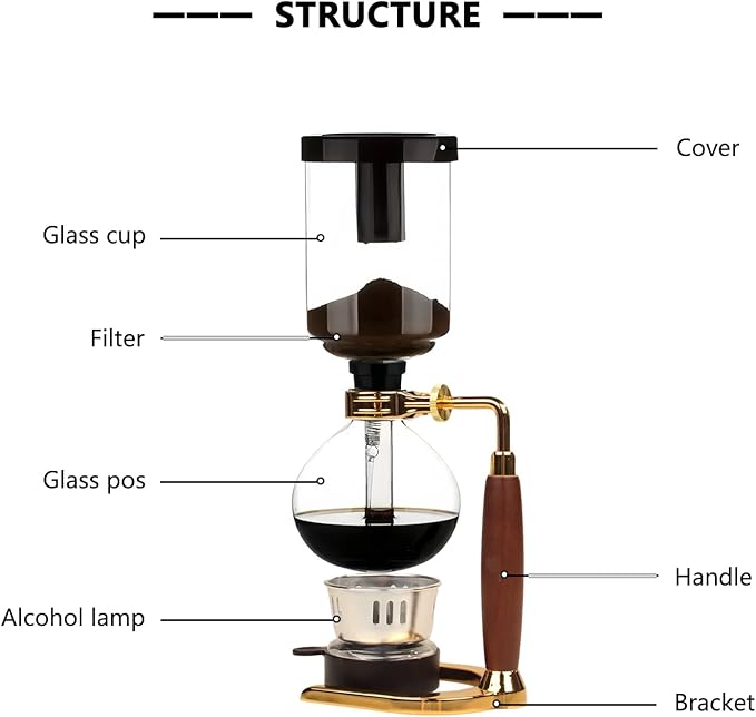 Siphon Coffee Maker Heat-Resistant Glass Vacuum Coffee Brewer 5-Cup (600ml) with Alcohol Burner Adjustable Buffer Clamp Stainless Steel Bracket Base for Coffee Aficionados