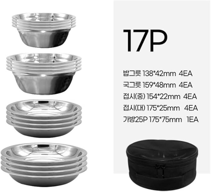 Outdoor Camping Dinnerware SetStainless Steel Plates and Bowls Camping Set Stainless 304 for Camping Hiking Beach Outdoor Use (17p)