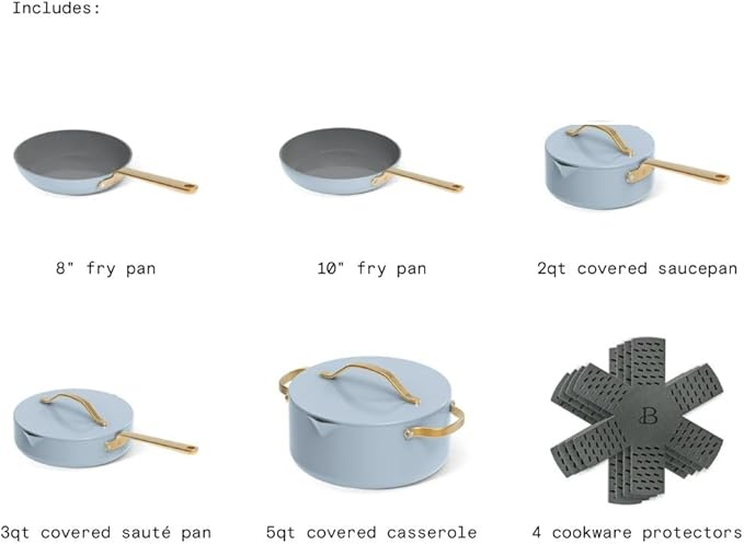 Pans12pc Ceramic Non-Stick Cookware Set by Drew Barrymore Pots &amp Pans with Lids Dishwasher‑SafeSoft‑Touch Handles Even‑Heat Base. (Cornflower Blue)