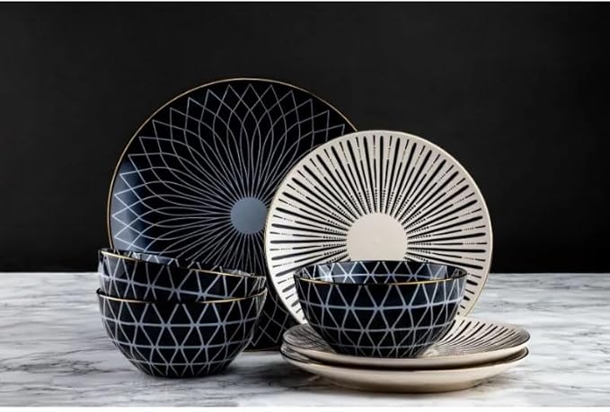 12 Piece Stoneware Dinnerware Set Service for 4 Family Dinner Party Plates and Bowls