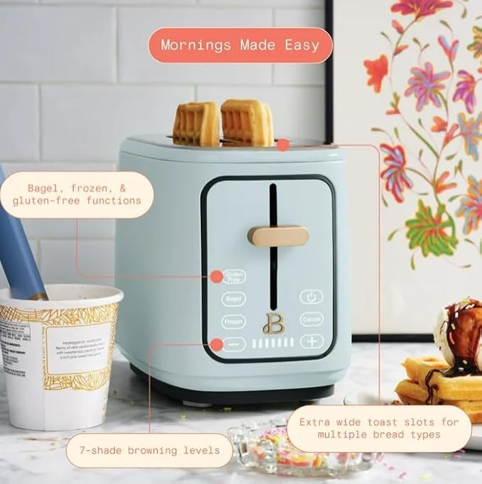 Beauti 2 Slices Toaster with Touch Activated Display 900 W Bagel/Frozen/Reheat Presets Wide Slots Easy Cleaning (Hydrangea Blue)