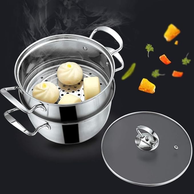 3-Piece Stainless Steel Cookware Set - Induction Safe Includes Soup Pot (20cm) Milk Pot (18cm) Steamer (22cm) with Glass Lids Ergonomic Handles Compatible with Gas &amp Induction Cookers