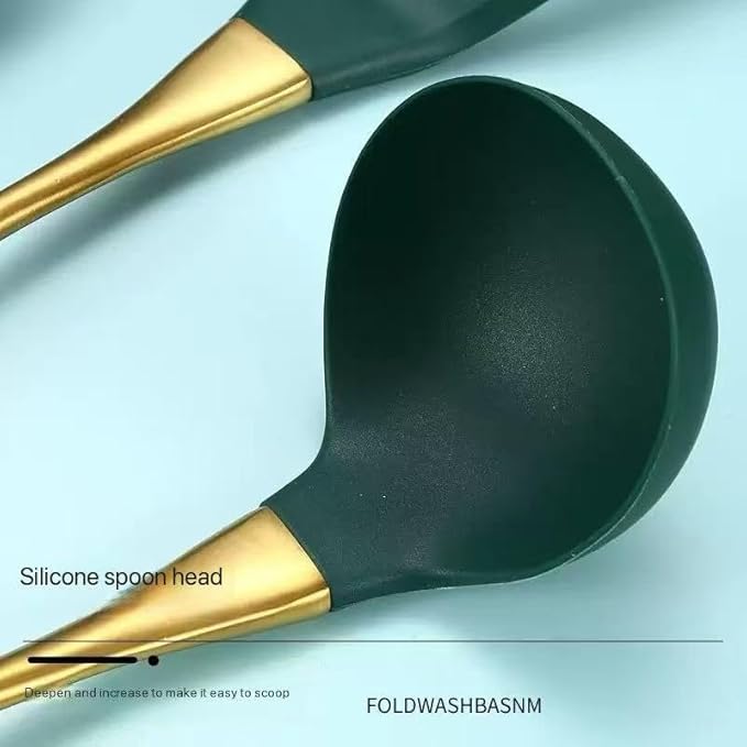 8-Piece White Kitchen Utensil Set with Gold Handles Stainless Steel Cooking Tools Includes Spatulas Ladle Spoons for Nonstick Cookware (Gold and Green)