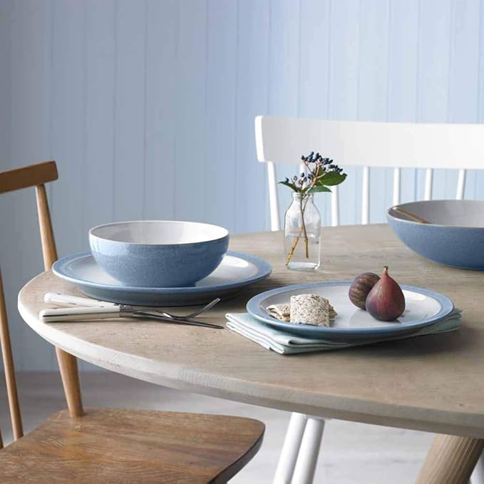 Denby Elements Blue Dinner Set - 4/12 Piece Ceramic Tableware - Dishwasher &amp Microwave Safe - 4 Dinner Plates 4 Medium Plates 4 Cereal Bowls